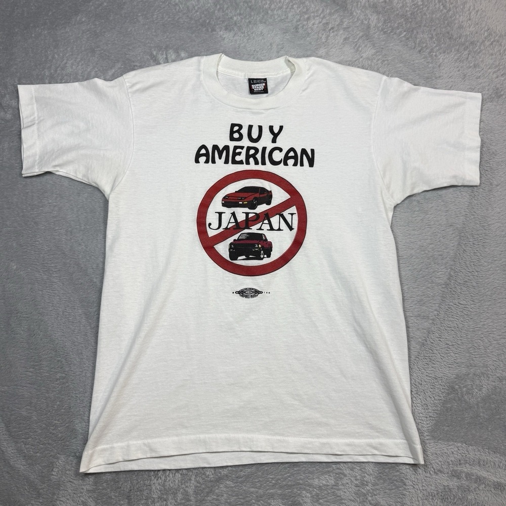 Vintage Buy American Cars Novelty Shirt Men L White Japan Detroit Union
